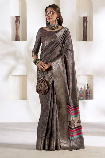 brown soft dola silk blend with foil print saree