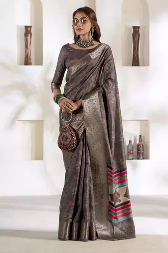 brown soft dola silk blend with foil print saree