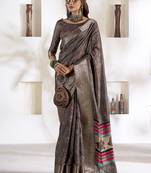 brown soft dola silk blend with foil print saree