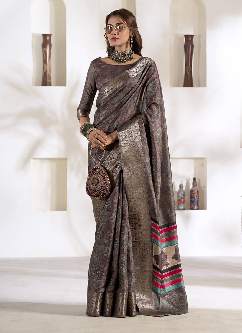 brown soft dola silk blend with foil print saree
