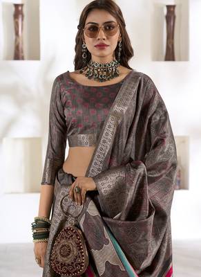 brown soft dola silk blend with foil print saree 2