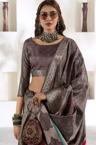 brown soft dola silk blend with foil print saree