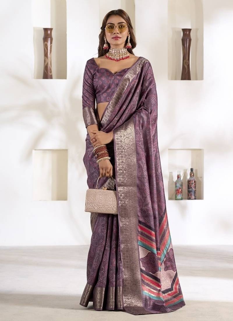 onion pink soft dola silk blend with foil print saree