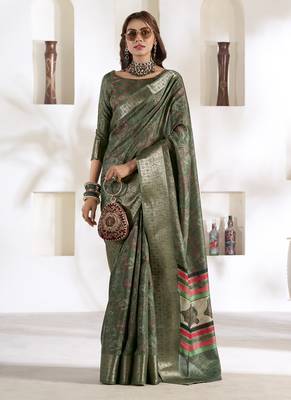 olive soft dola silk blend with foil print saree 1