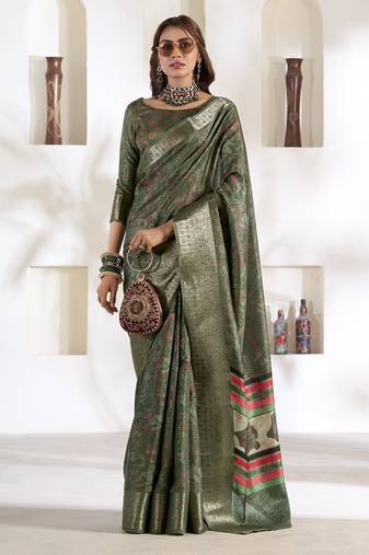 olive soft dola silk blend with foil print saree
