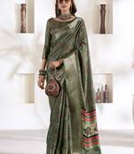 olive soft dola silk blend with foil print saree