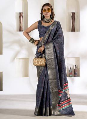 dusty navy soft dola silk blend with foil print saree 1