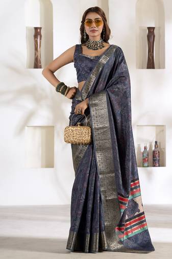 dusty navy soft dola silk blend with foil print saree