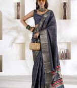 dusty navy soft dola silk blend with foil print saree