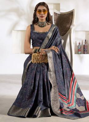dusty navy soft dola silk blend with foil print saree 2