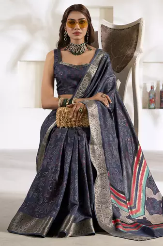 dusty navy soft dola silk blend with foil print saree