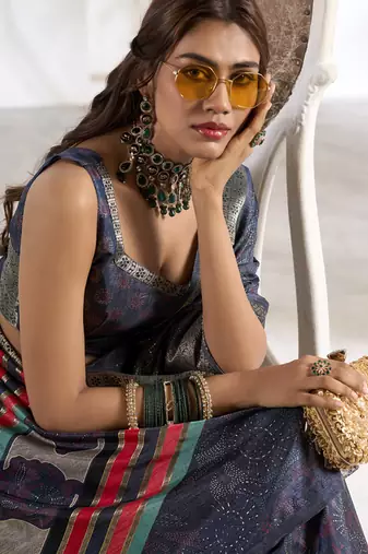 dusty navy soft dola silk blend with foil print saree