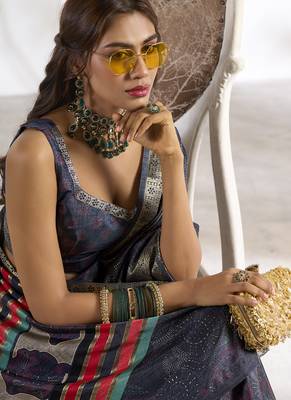 dusty navy soft dola silk blend with foil print saree 4