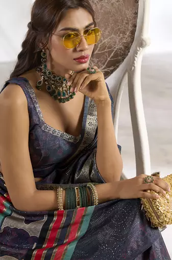 dusty navy soft dola silk blend with foil print saree