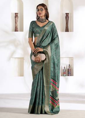 rama green soft dola silk blend with foil print saree 1