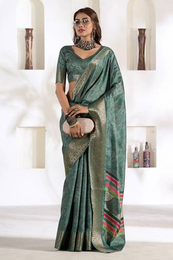 rama green soft dola silk blend with foil print saree