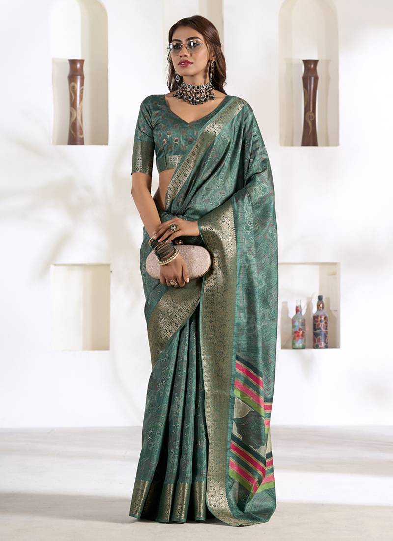 rama green soft dola silk blend with foil print saree