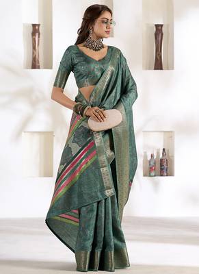 rama green soft dola silk blend with foil print saree 2