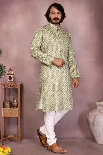 Sea green printed cotton blend stright designer kurta with pyjama set