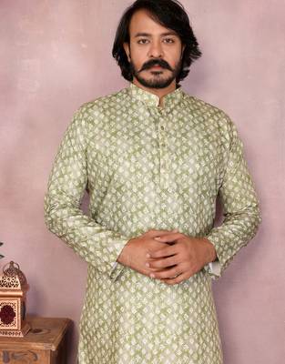 Sea green printed cotton blend stright designer kurta with pyjama set 4