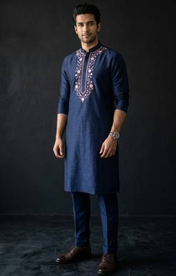 Navy embroidered dupion silk kurta set 1