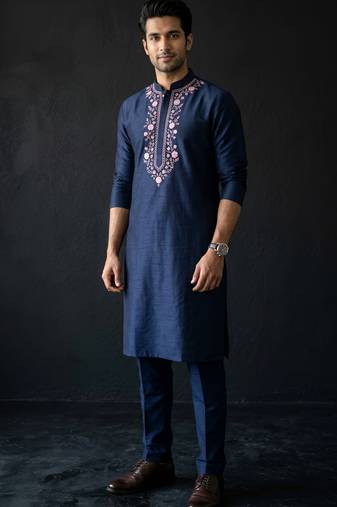 Navy embroidered dupion silk kurta set