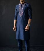 Navy embroidered dupion silk kurta set