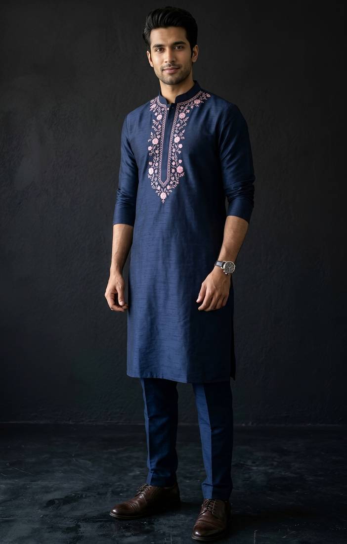 Navy embroidered dupion silk kurta set