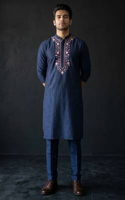 Navy embroidered dupion silk kurta set 2