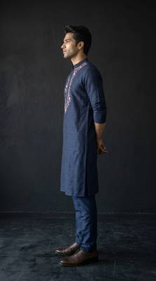 Navy embroidered dupion silk kurta set 3