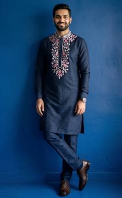 Navy embroidered dupion silk kurta set 1