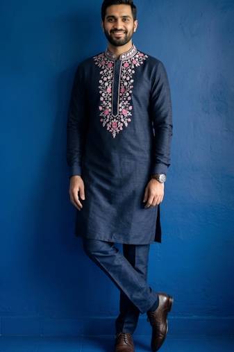 Navy embroidered dupion silk kurta set
