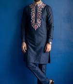 Navy embroidered dupion silk kurta set