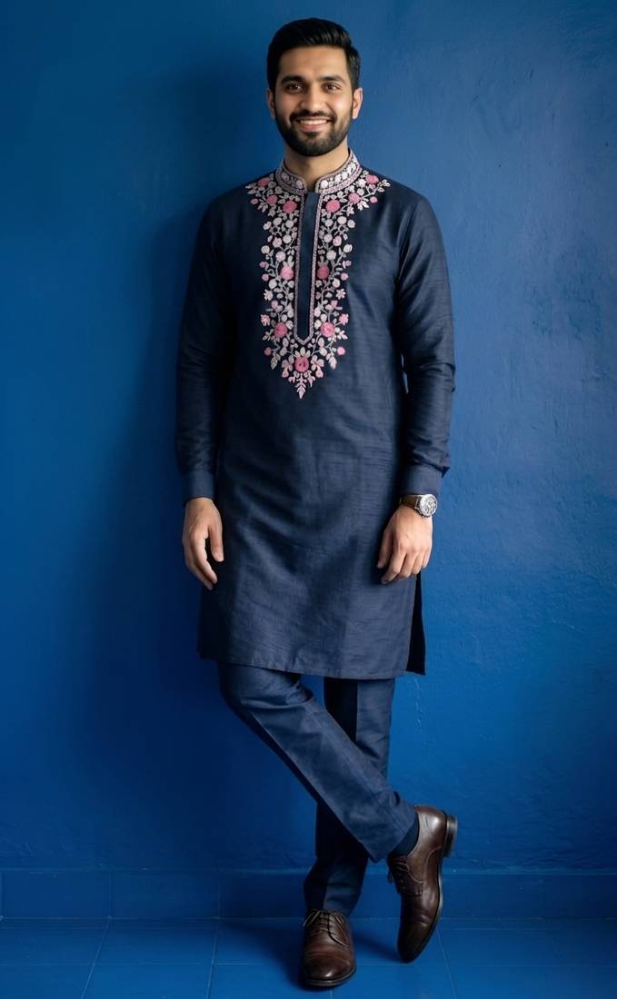 Navy embroidered dupion silk kurta set