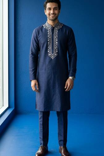 Navy embroidered dupion silk kurta set