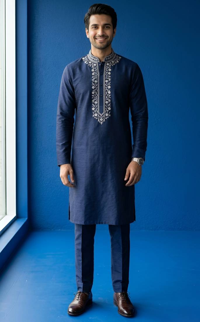 Navy embroidered dupion silk kurta set