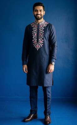 Navy embroidered dupion silk kurta set 2