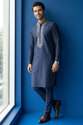 Navy embroidered dupion silk kurta set 2