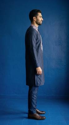 Navy embroidered dupion silk kurta set 3