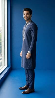 Navy embroidered dupion silk kurta set 3