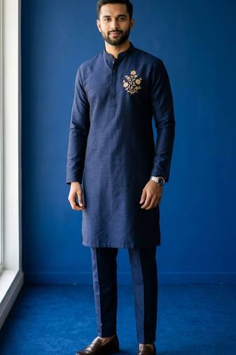 Navy embroidered dupion silk kurta set