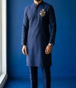 Navy embroidered dupion silk kurta set
