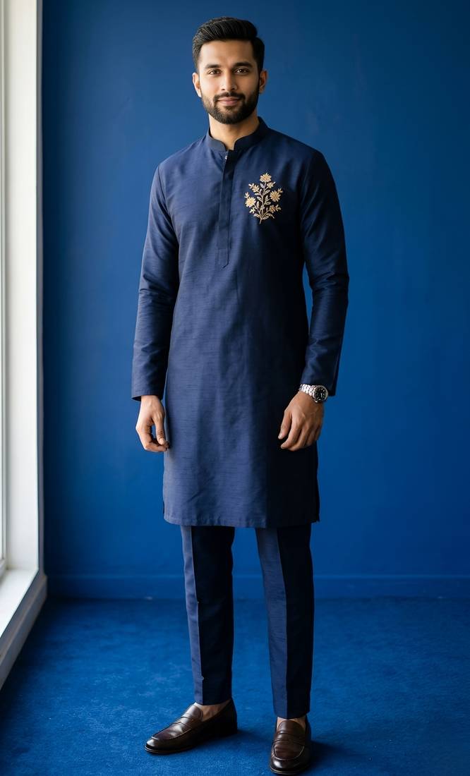 Navy embroidered dupion silk kurta set
