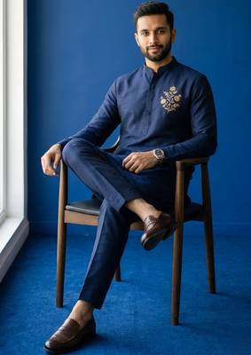 Navy embroidered dupion silk kurta set 2