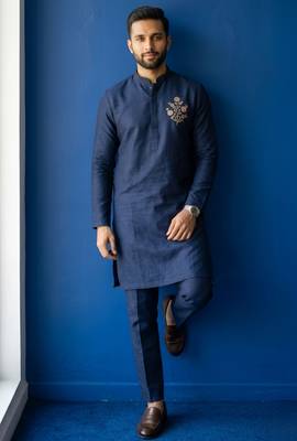 Navy embroidered dupion silk kurta set 3