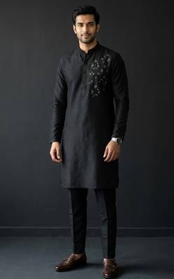Black embroidered dupion silk kurta set 1