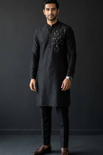 Black embroidered dupion silk kurta set