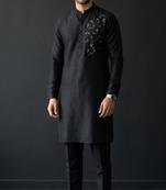 Black embroidered dupion silk kurta set