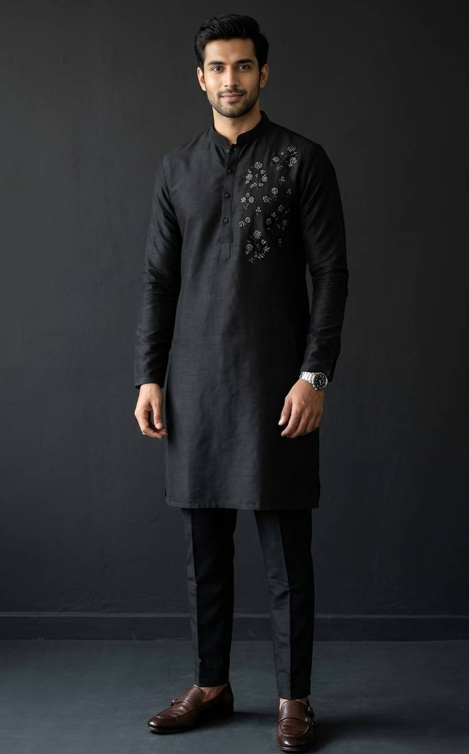 Black embroidered dupion silk kurta set