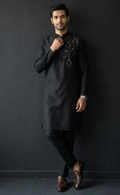 Black embroidered dupion silk kurta set 3